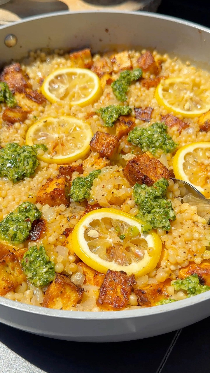 One Pan Tofu Couscous with Chimichurri