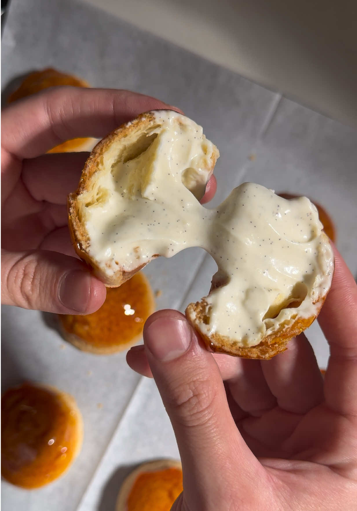 Vanilla Cream Puffs with Diplomat Cream Filling and Caramel Coating