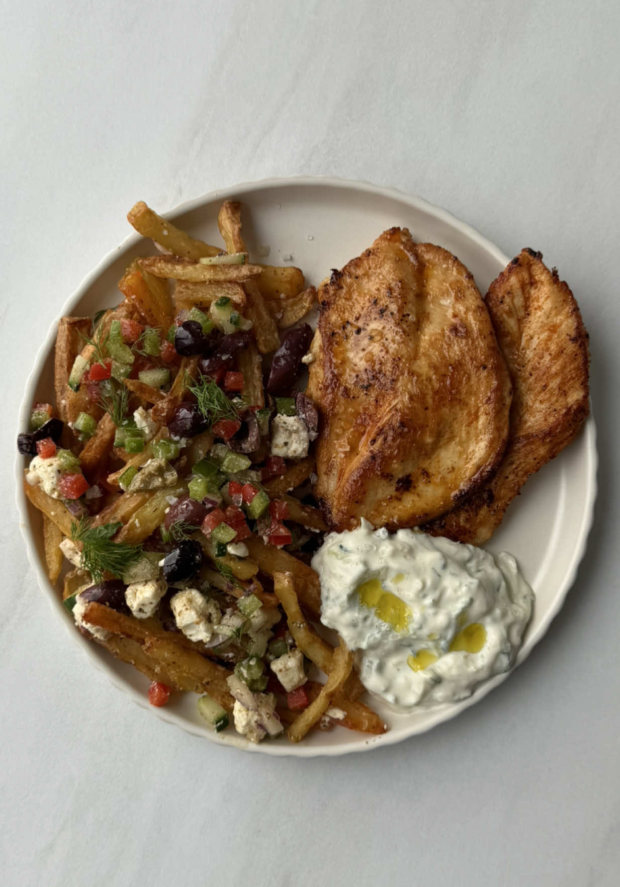Greek Salad Fries, Grilled Chicken + Tzatziki
